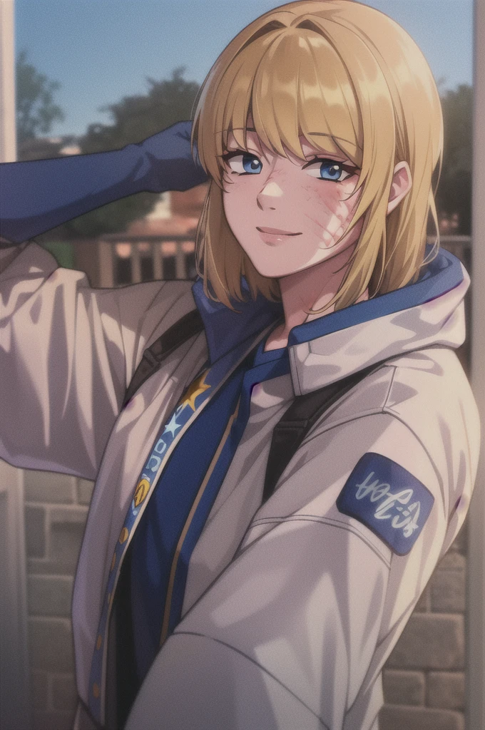 wattson (apex legends), masterpiece, best quality, 1girl, solo, scar, scar on face, scar on cheek, bangs, blonde hair, blue eyes, burn scar, smile, cowboy shot,