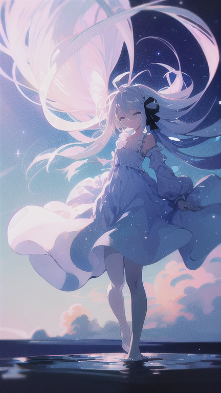 highest quality, masterpiece, 1 girl, beach, (gray hair:1.2), long hair, Ocean, dress, Day, null, horizon, outdoor, sand, blue null, barefoot, cloud, sun, Are standing, smile, water, white dress, alone, closed my eyes, floating hair, sun, full body, Are standing on liquid, long sleeve, barefoot, background, Light and shadow, lit, sunset, athmospheric lit, null,cherry blossoms,青null,bright