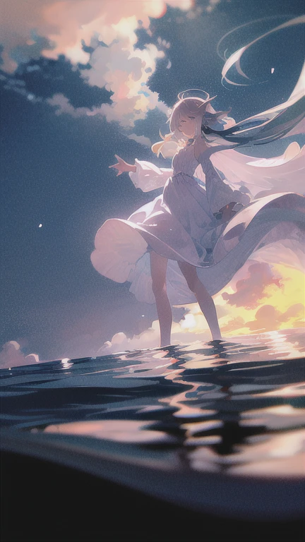 highest quality, masterpiece, 1 girl, beach,  (gray hair:1.2), long hair, Ocean, dress, Day, null, horizon, outdoor, sand, blue null, barefoot, cloud, sun, Are standing, smile, water, white dress, alone, closed my eyes, floating hair, sun, full body, Are standing on liquid, long sleeve, barefoot, background, Light and shadow, lit, sunset, athmospheric lit, null,cherry blossoms,青null,bright