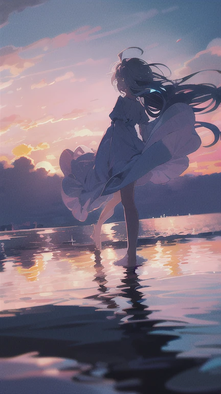 highest quality, masterpiece, 1 girl, beach,  (gray hair:1.2), long hair, Ocean, dress, Day, null, horizon, outdoor, sand, blue null, barefoot, cloud, sun, Are standing, smile, water, white dress, alone, closed my eyes, floating hair, sun, full body, Are standing on liquid, long sleeve, barefoot, background, Light and shadow, lit, sunset, athmospheric lit, null,cherry blossoms,青null,bright