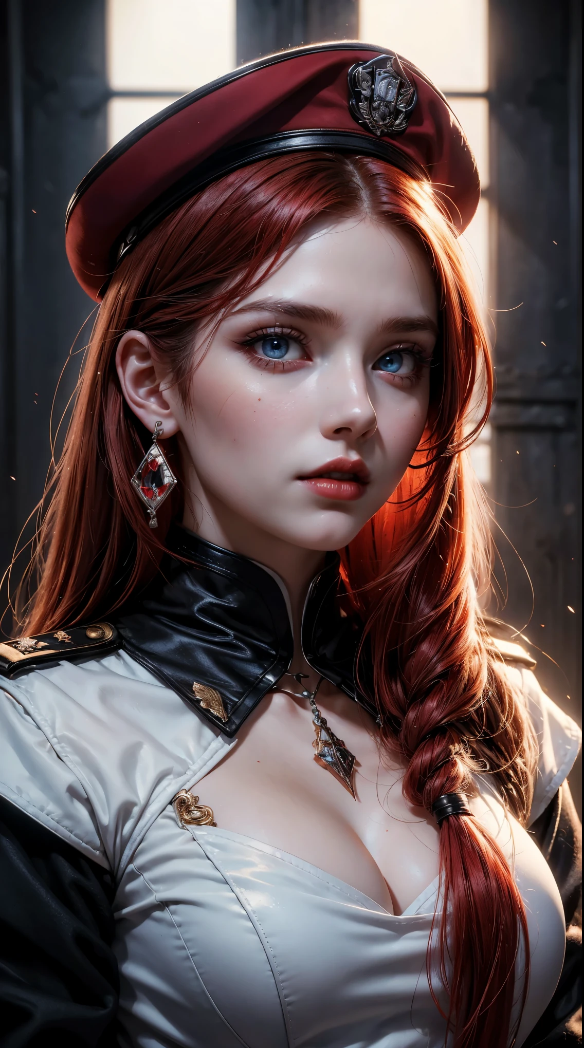 1 beautiful woman, 20 years old, long red hair (tied), pale white skin (very detailed), bright blue eyes (vampire eyes), perfect body, makeup, red lips, earrings, black and red military officer uniform, tie black, black and red military officer cap, detailed light, illustration, depth of field (best quality), (background blur: 0.6), beautiful and soft lighting, (front light: 1.5), (ultra resolution high, best quality), (8k), best quality, masterpiece), technological sense, best quality, masterpiece, illustration, official art, incredibly fine details, extremely delicate and beautiful, extremely detailed, highly detailed, sharp focus, background rich, (real person, photograph), ((very detailed skin)),