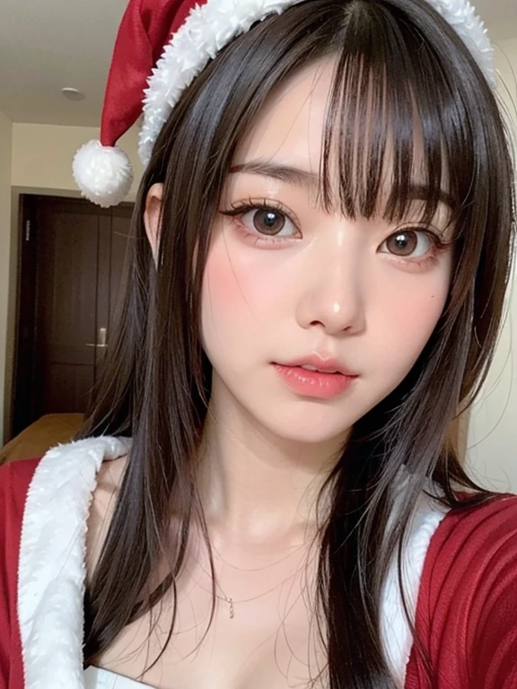 bright表情、photorealism、highest quality、超A high resolution、photograph、最も美しい北欧の女の子のphotograph、cute and beautiful face details、small face、(lie in bed_V1:0.008)、美しいbangs、alice in wonderland、18-year-old、radiant white skin、hair gets tangled in face、顔まで伸びるbangs、bangs、hair between eyes、super long hair、charming brown silky hair、bright, Clear light blue eyes shine charmingly、santa claus costume、double eyelid、Medium chest、sexy pose、thin、(too much exposure)、(Nogizaka idol face)、emphasize the chest