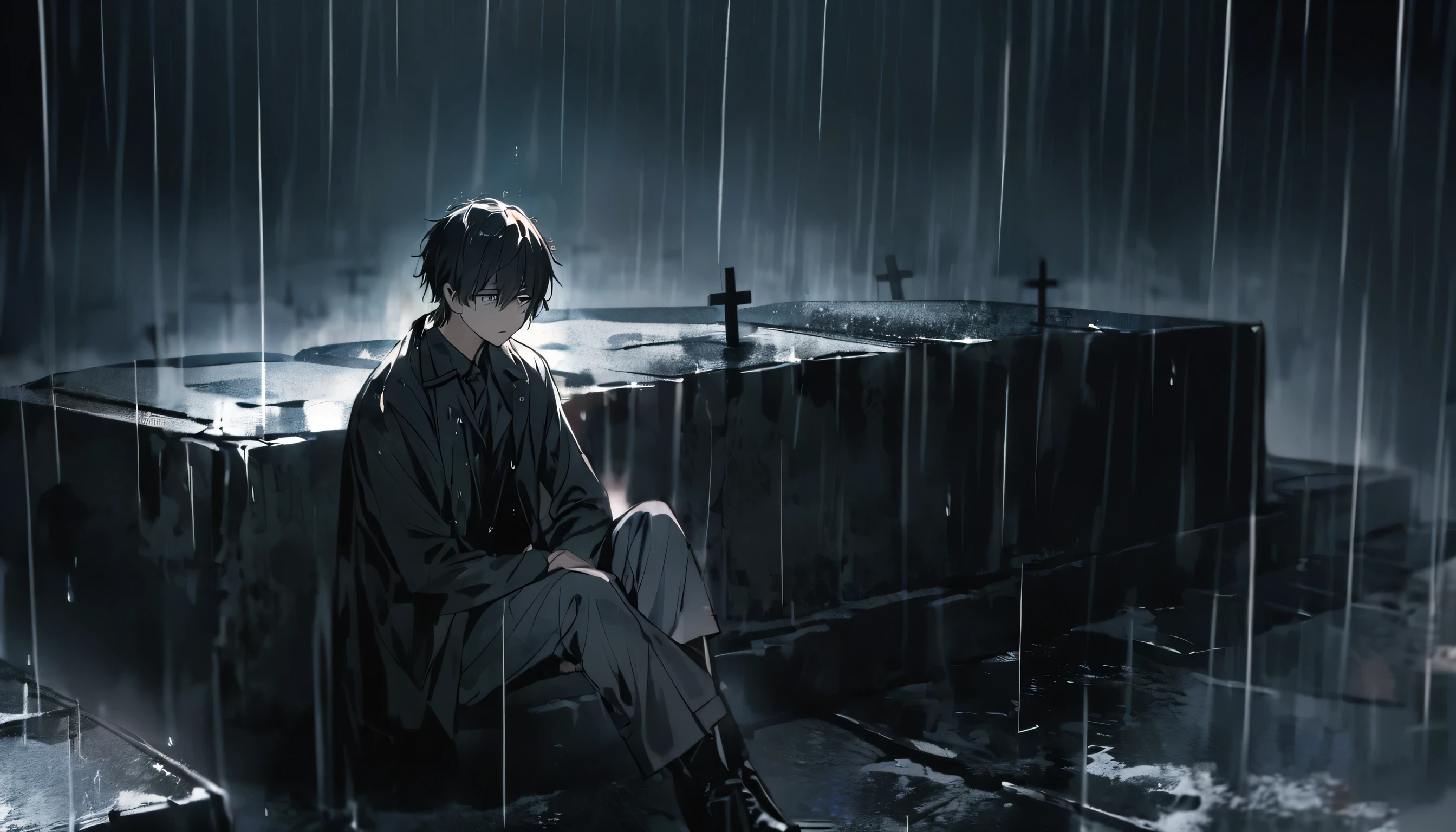 Boy sitting propped up on a cemetery tomb, black crosses in the middle of intense rain, with a cigarette Empty and sad eyes