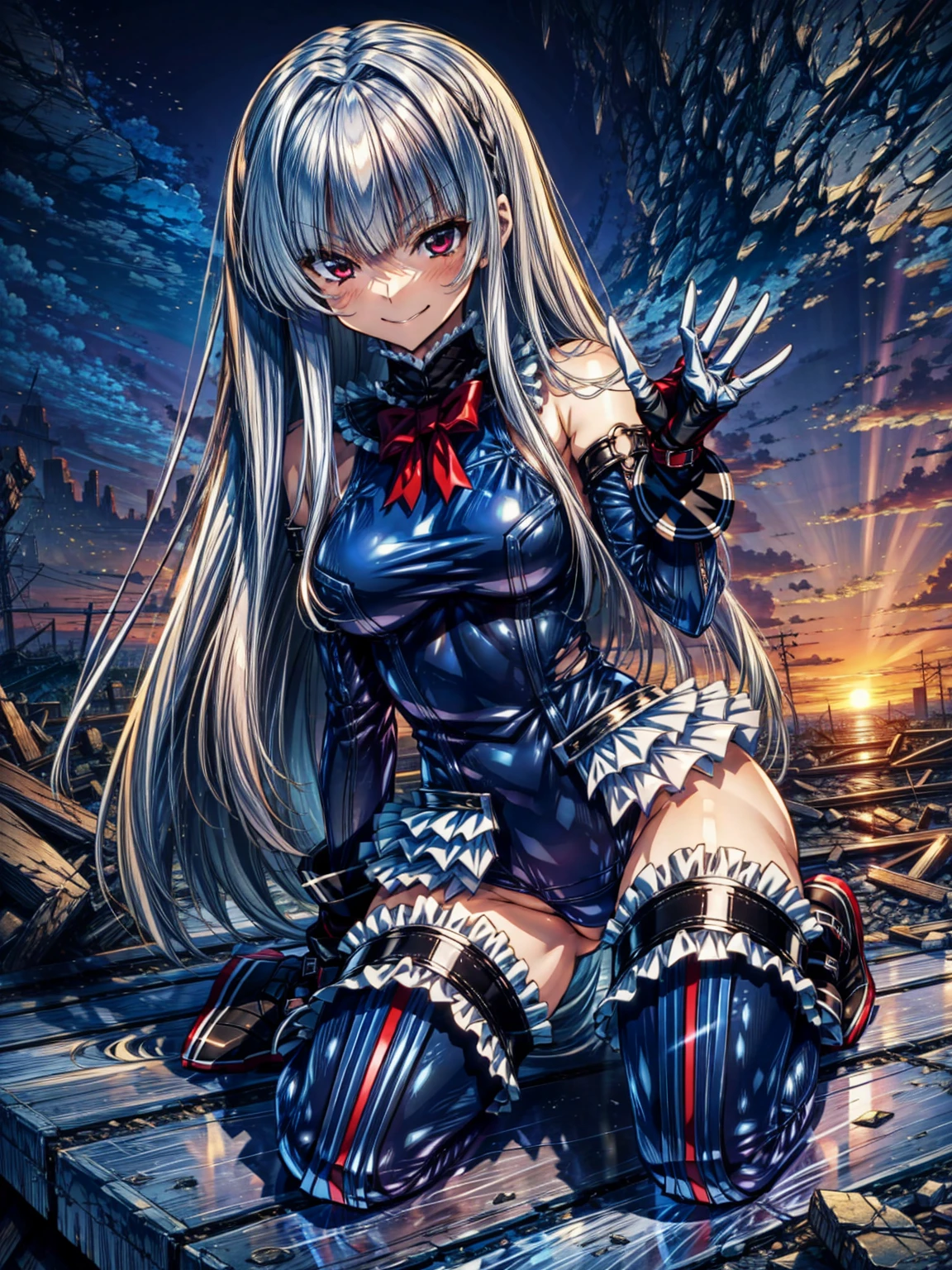 perfect anatomy, highest quality, marirose,evil smile,provocative attitude
,(Girls greet dawn on top of a pile of rubble:1.1),evil smile,anime style,(ruffle swimsuit, Thighhighs, removed sleeve), (anime style:1.4) ,
silver hair,(White fingers:1.1,black gloves),very long hair,evil aura,Rape Eye,Torn costume