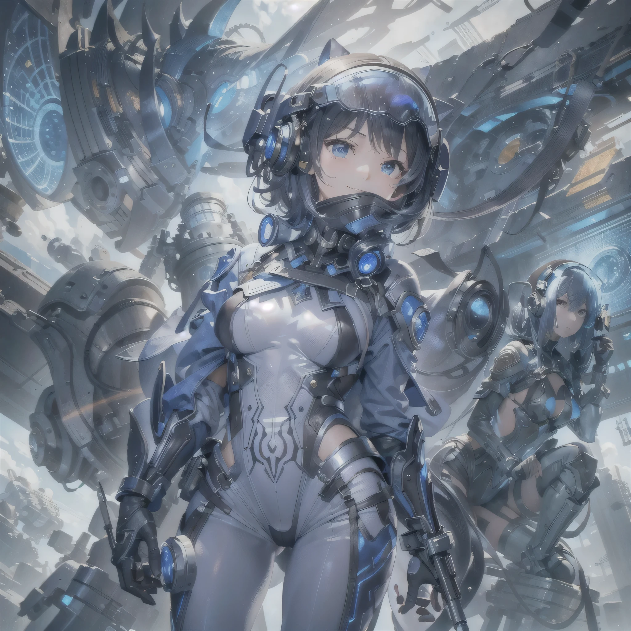 (masterpiece、highest quality、highest resolution、clear_image、detailed details、Angle from above): (full body figure、One 20 year old girl、Japanese faces、small face、Slender、Navy blue super short bob cut hair、(hidden small breasts:1.3)、sparkling blue eyes、Shiny pilot suit in blue and black colors、armor that protects the chest、tight fitting clothes、clothes that cover the whole body、shiny clothes、tight fit pants、hide the skin、very delicate and beautiful、detailed skin、hide thighs、hide your butt、cute type、gentle smile、soft expression、heroine、headset、Knee-high boots、gloves up to the elbow、eye level shot、facing directly、woman on a spaceship)