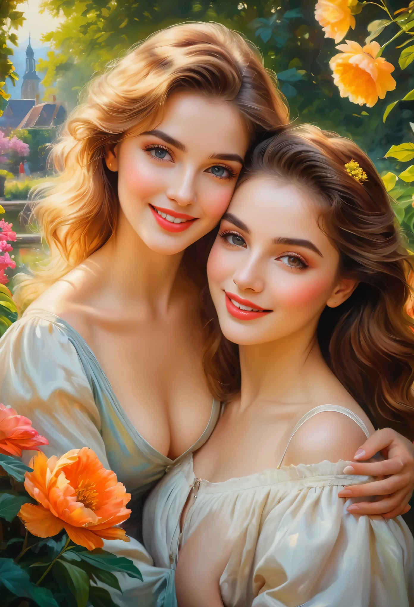 (best quality,4k,8k,highres,masterpiece:1.2),ultra-detailed,realistic,portrait,detailed eyes and lips,beautiful faces,exquisite makeup,alluring,enticing,2girls,vibrant colors,soft lighting,A girl in a garden,oil painting,textured brushstrokes,lush foliage,blossoming flowers,stunning Dutch landscapes,leisurely atmosphere,tempting gazes,enticing poses,provocative outfits,admiring tourists,content smiles,joyful laughter,harmonious composition,pleasure-seeking,alluring charm,seductive ambience,scenic beauty,photorealistic rendering,artistic excellence,highlighting female allure,vivid color palette,luxurious settings,lively energy,expressive personalities,inviting expressions