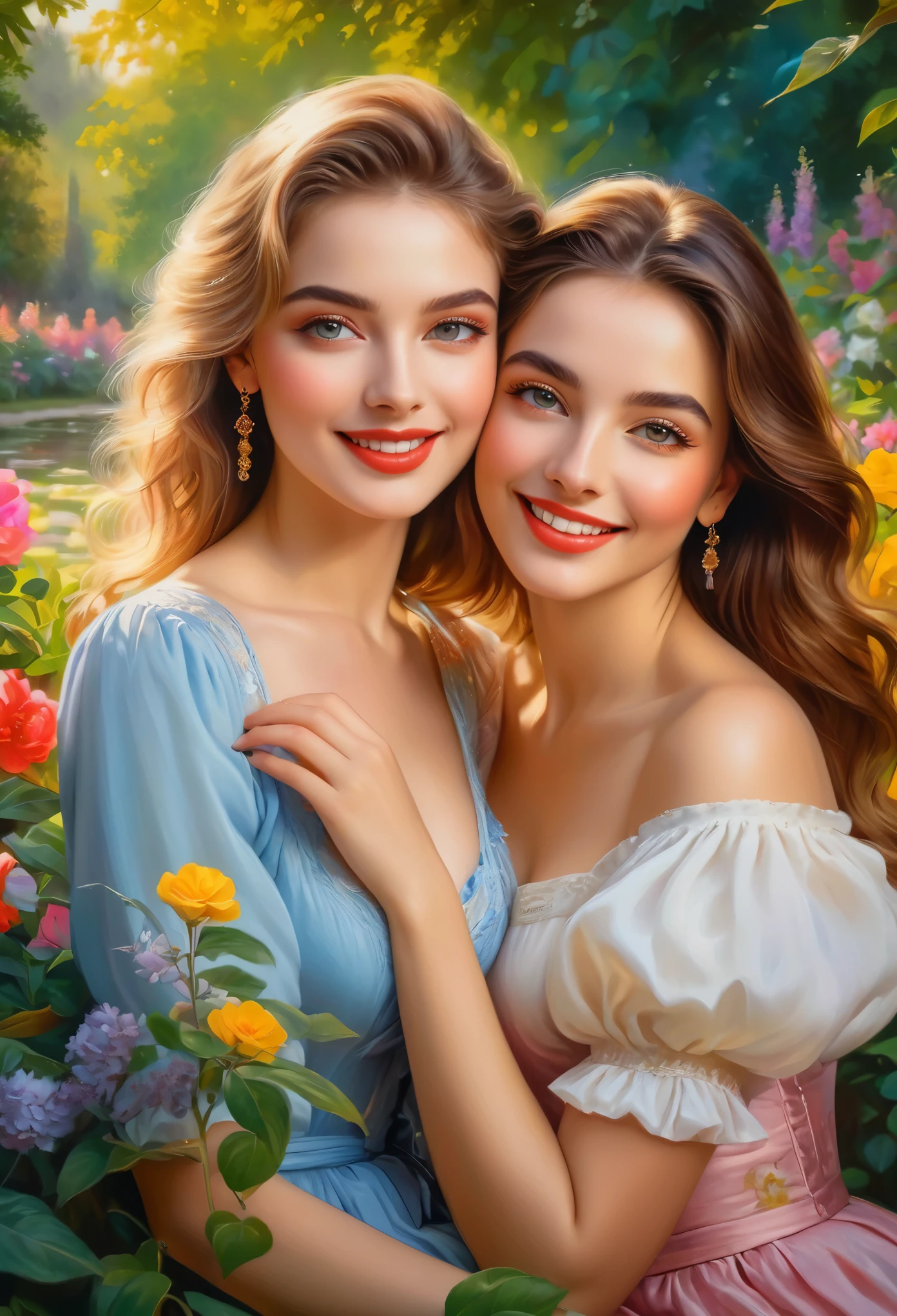 (best quality,4k,8k,highres,masterpiece:1.2),ultra-detailed,realistic,portrait,detailed eyes and lips,beautiful faces,exquisite makeup,alluring,enticing,2girls,vibrant colors,soft lighting,A girl in a garden,oil painting,textured brushstrokes,lush foliage,blossoming flowers,stunning Dutch landscapes,leisurely atmosphere,tempting gazes,enticing poses,provocative outfits,admiring tourists,content smiles,joyful laughter,harmonious composition,pleasure-seeking,alluring charm,seductive ambience,scenic beauty,photorealistic rendering,artistic excellence,highlighting female allure,vivid color palette,luxurious settings,lively energy,expressive personalities,inviting expressions