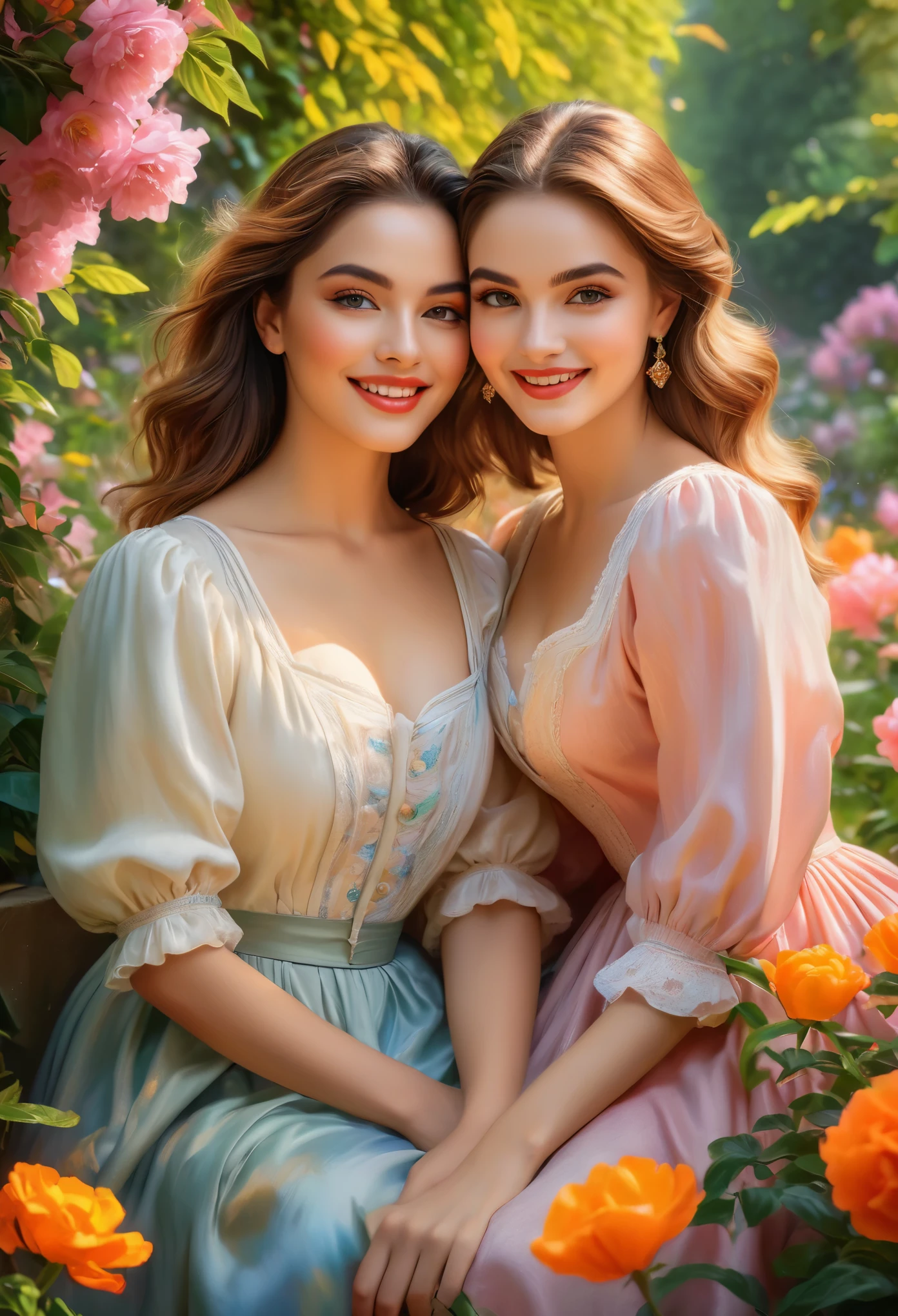 (best quality,4k,8k,highres,masterpiece:1.2),ultra-detailed,realistic,portrait,detailed eyes and lips,beautiful faces,exquisite makeup,alluring,enticing,2girls,vibrant colors,soft lighting,A girl in a garden,oil painting,textured brushstrokes,lush foliage,blossoming flowers,stunning Dutch landscapes,leisurely atmosphere,tempting gazes,enticing poses,provocative outfits,admiring tourists,content smiles,joyful laughter,harmonious composition,pleasure-seeking,alluring charm,seductive ambience,scenic beauty,photorealistic rendering,artistic excellence,highlighting female allure,vivid color palette,luxurious settings,lively energy,expressive personalities,inviting expressions