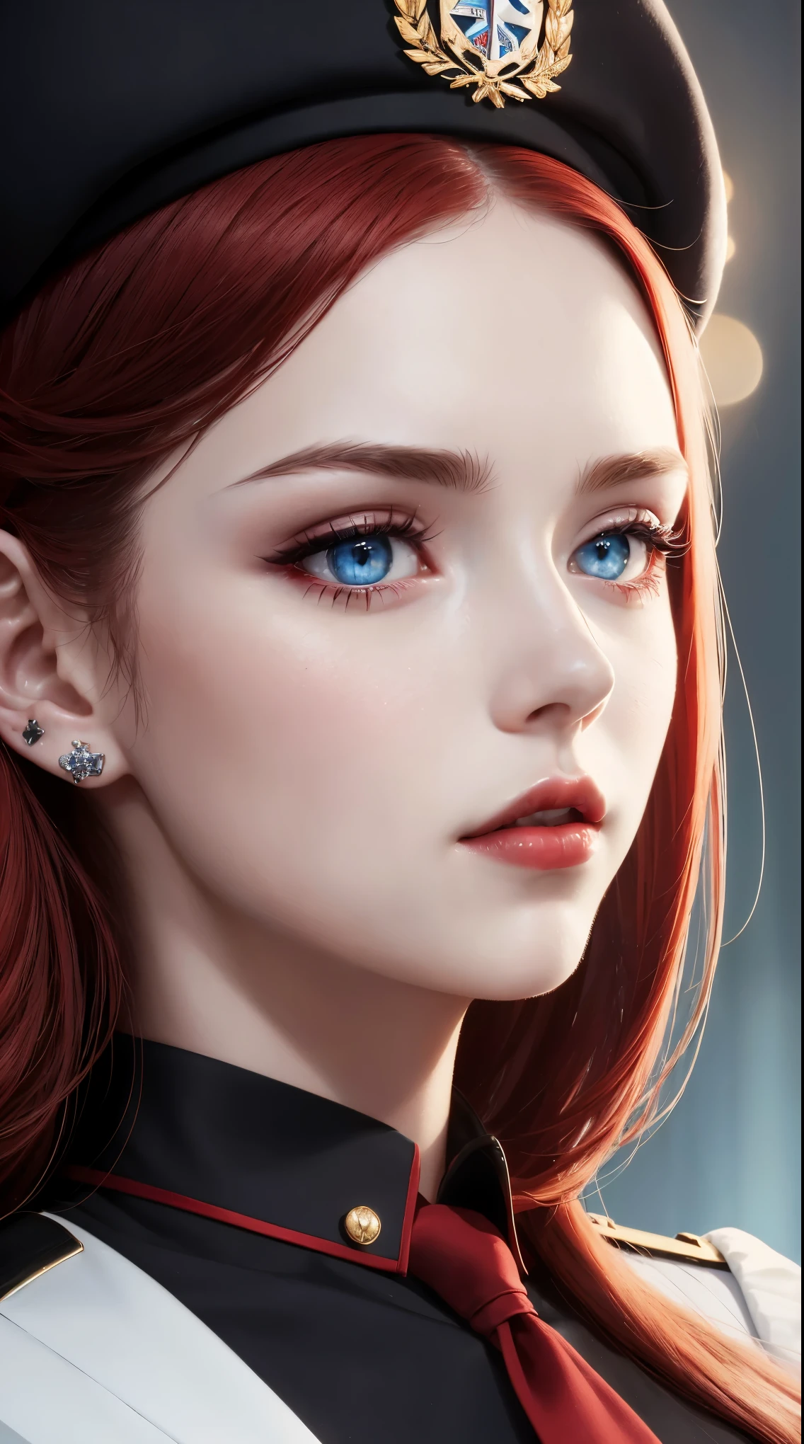 1 beautiful woman, 20 years old, long red hair (tied), pale white skin (very detailed), bright blue eyes (vampire eyes), perfect body, makeup, red lips, earrings, black and red military officer uniform, tie black, black and red military officer cap, detailed light, illustration, depth of field (best quality), (background blur: 0.6), beautiful and soft lighting, (front light: 1.5), (ultra resolution high, best quality), (8k), best quality, masterpiece), technological sense, best quality, masterpiece, illustration, official art, incredibly fine details, extremely delicate and beautiful, extremely detailed, highly detailed, sharp focus, background rich, (real person, photograph), ((very detailed skin)),