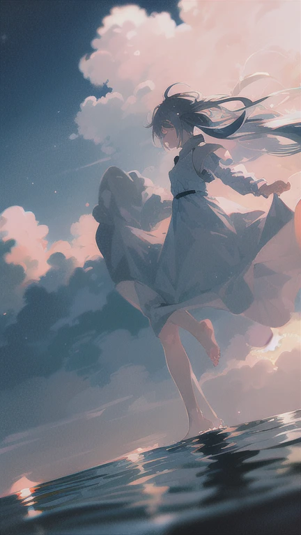 highest quality, masterpiece, 1 girl, beach,  (gray hair:1.2), long hair, Ocean, dress, Day, null, horizon, outdoor, sand, blue null, barefoot, cloud, sun, Are standing, smile, water, white dress, alone, closed my eyes, floating hair, sun, full body, Are standing on liquid, long sleeve, barefoot, background, Light and shadow, lit, sunset, athmospheric lit, null,cherry blossoms,青null,bright,Vibrant colors,辺り一面のcherry blossoms