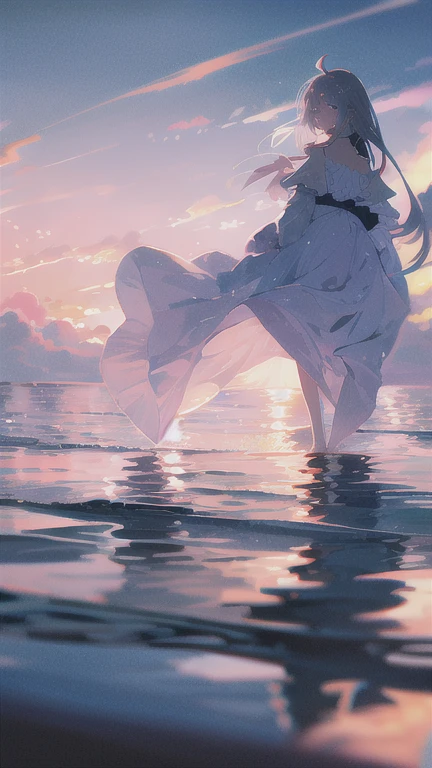 highest quality, masterpiece, 1 girl, beach,  (gray hair:1.2), long hair, Ocean, dress, Day, null, horizon, outdoor, sand, blue null, barefoot, cloud, sun, Are standing, smile, water, white dress, alone, closed my eyes, floating hair, sun, full body, Are standing on liquid, long sleeve, barefoot, background, Light and shadow, lit, sunset, athmospheric lit, null,cherry blossoms,青null,bright,Vibrant colors,辺り一面のcherry blossoms