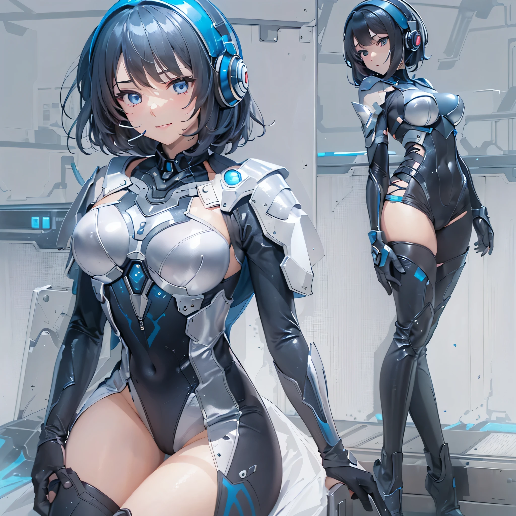 (masterpiece、highest quality、highest resolution、clear_image、detailed details、Angle from above): (full body figure、One 20 year old girl、Japanese faces、small face、Slender、Navy blue super short bob cut hair、(hidden small breasts:1.3)、sparkling blue eyes、Shiny pilot suit in blue and black colors、armor that protects the chest、tight fitting clothes、clothes that cover the whole body、shiny clothes、tight fit pants、hide the skin、very delicate and beautiful、detailed skin、hide thighs、hide your butt、cute type、gentle smile、soft expression、heroine、headset、Knee-high boots、gloves up to the elbow、eye level shot、facing directly、woman on a spaceship)