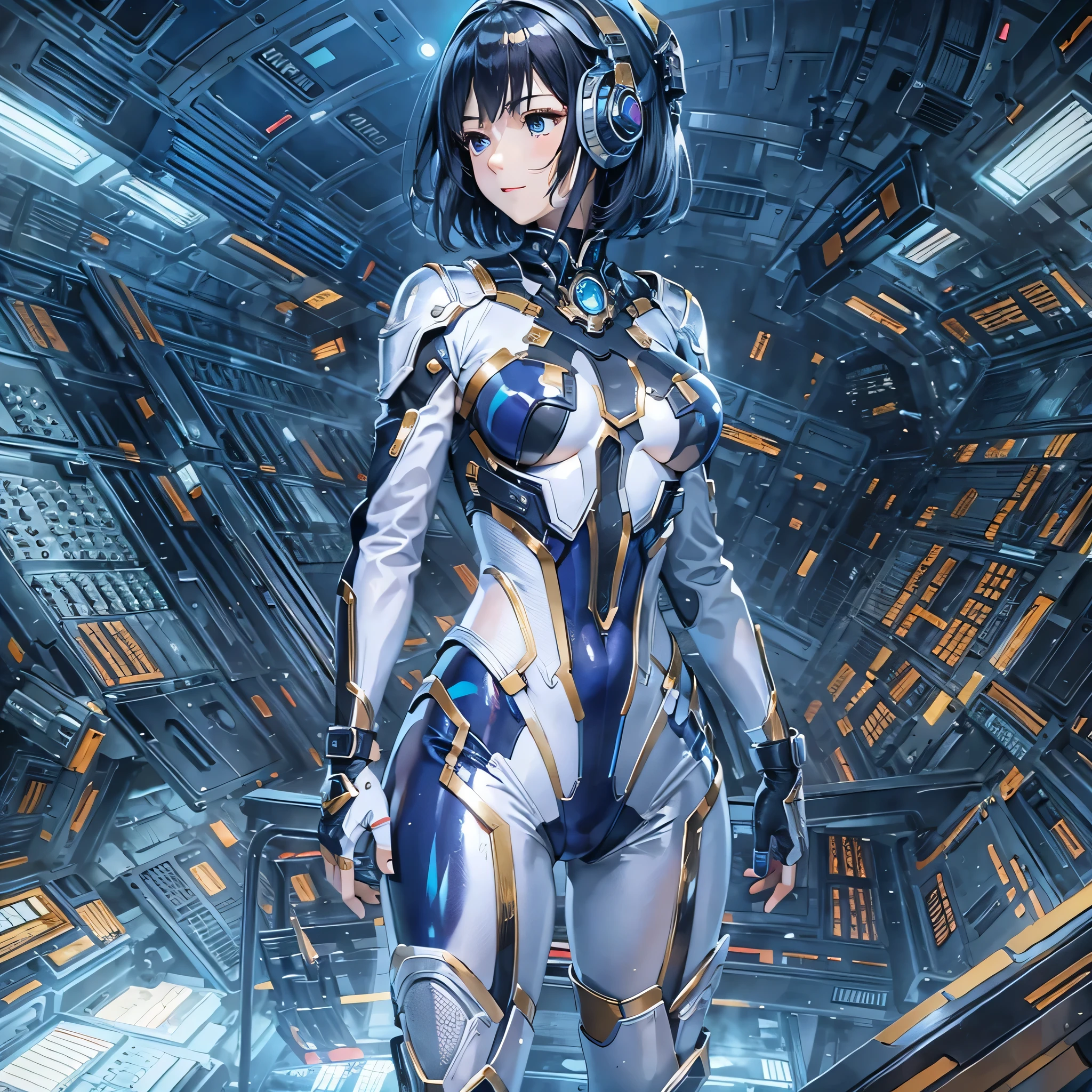 (masterpiece、highest quality、highest resolution、clear_image、detailed details、Angle from above): (full body figure、One 20 year old girl、Japanese faces、small face、Slender、Navy blue super short bob cut hair、(hidden small breasts:1.3)、sparkling blue eyes、Shiny pilot suit in blue and black colors、armor that protects the chest、tight fitting clothes、clothes that cover the whole body、shiny clothes、tight fit pants、hide the skin、very delicate and beautiful、detailed skin、hide thighs、hide your butt、cute type、gentle smile、soft expression、heroine、headset、Knee-high boots、gloves up to the elbow、eye level shot、facing directly、woman on a spaceship)