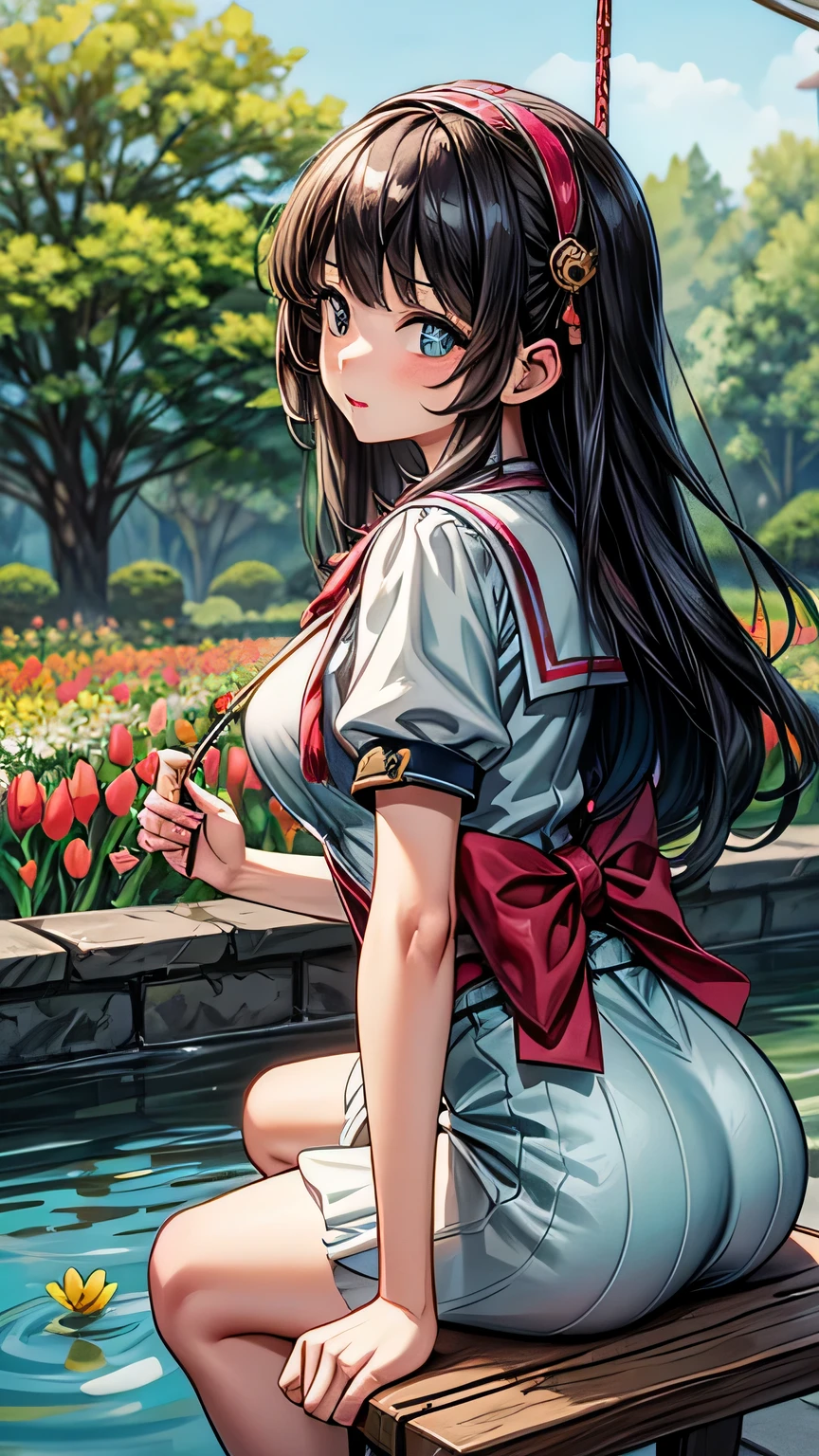 Dragon Ball　bloomers, futuristic scene, Mechanically enhanced Japanese high school girl、Elegant in an elaborate garden. She has beautifully detailed eyes and lips that complement her face. high school girl。.uniform。.。.。.。.。.。 girl.. Around her are bright tulip and a quiet carp pond. The scenes are drawn using a combination of illustration and photorealism, sunflower,Highly detailed brush strokes and sharpness, bright colors. Lighting that highlights the elegance of the uniform, gives softness to the skin, porcelain shine。. Artwork is of the highest quality, Exquisite costume details on display, tulip, . The overall color scheme is、、、、、、、、、、、、、、traditional Japanese color combinations, crimson, wait., bus stop、sit on a swing、Headphones around the neck、Side view、Side view、whole body、cute clothes、from far away、Open the center、Big eyes、random pose、whole body、