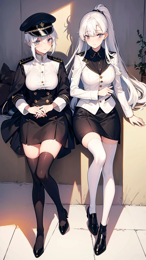 military uniform，Queen，white hair，black stockings，High Root，Extreme Shadow，high quality，Many details，Exquisite facial features，Delicate fingers，hat。Two dimensions