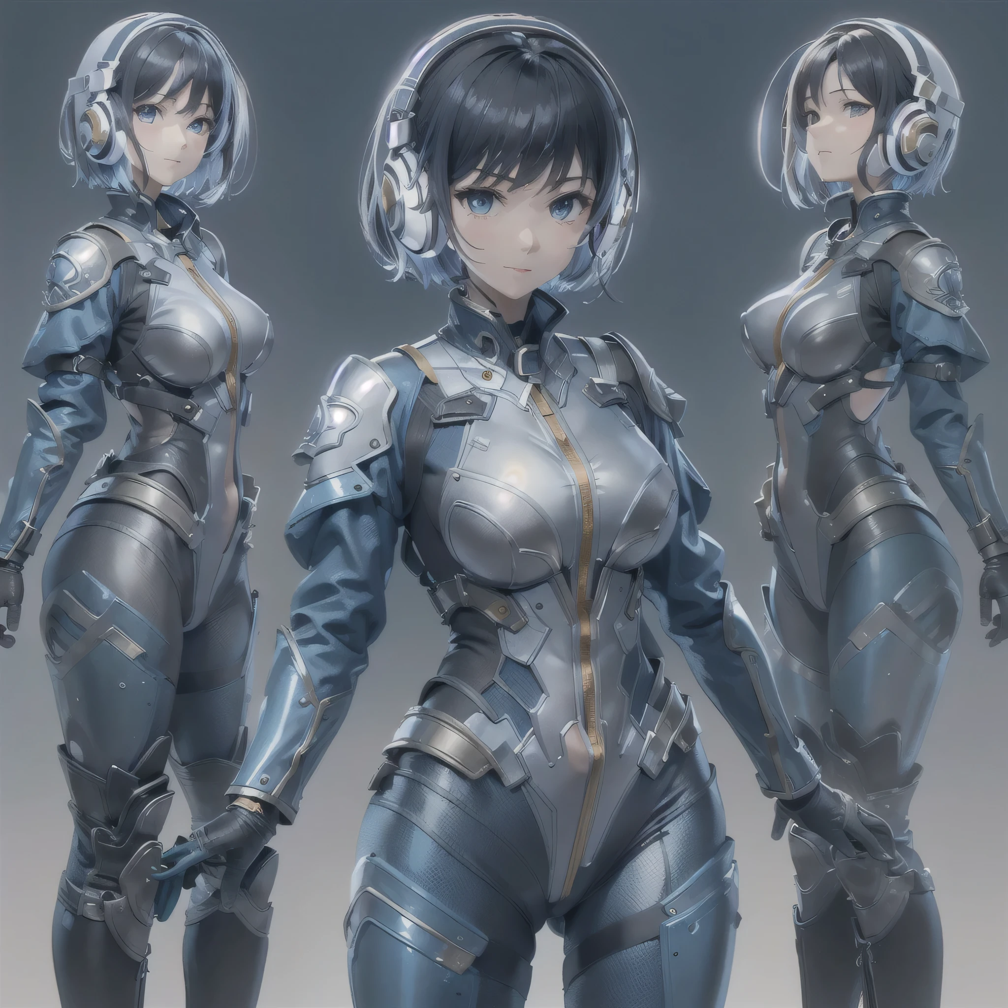 (masterpiece、highest quality、highest resolution、clear_image、detailed details、Angle from above): (full body figure、One 20 year old girl、Japanese faces、small face、Slender、Navy blue super short bob cut hair、(hidden small breasts:1.3)、sparkling blue eyes、Shiny pilot suit in blue and black colors、armor that protects the chest、tight fitting clothes、clothes that cover the whole body、shiny clothes、tight fit pants、hide the skin、very delicate and beautiful、detailed skin、hide thighs、hide your butt、cute type、gentle smile、soft expression、heroine、headset、Knee-high boots、gloves up to the elbow、eye level shot、facing directly、woman on a spaceship)