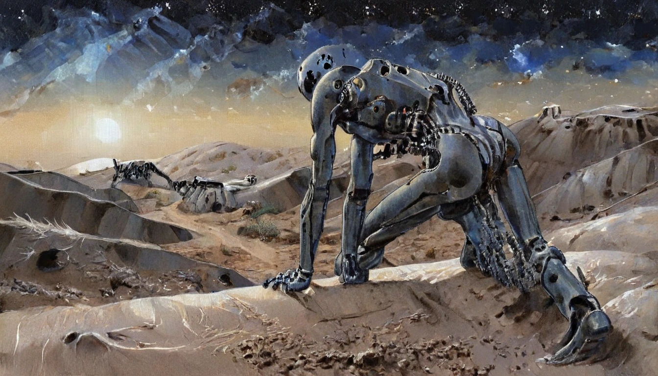 a mechanical man in the distant far away on his hands and knees, crawling up a slope, dawn, bright horizon, indigo starry sky, black zenith, dry desert, dark sand, dunes