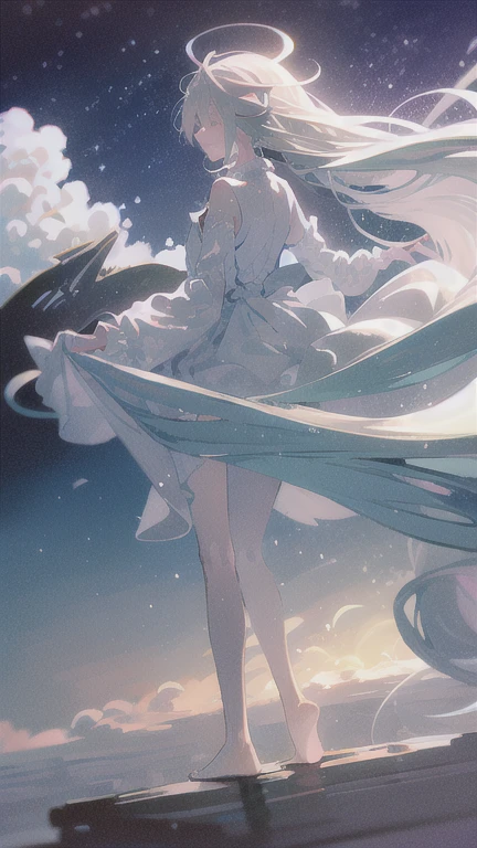 highest quality, masterpiece, 1 girl, beach,  (gray hair:1.2), long hair, Ocean, dress, Day, null, horizon, outdoor, sand, blue null, barefoot, cloud, sun, Are standing, smile, water, white dress, alone, closed my eyes, floating hair, sun, full body, Are standing on liquid, long sleeve, barefoot, background, Light and shadow, lit, athmospheric lit, null,cherry blossoms,青null,bright,Vibrant colors,辺り一面のcherry blossoms