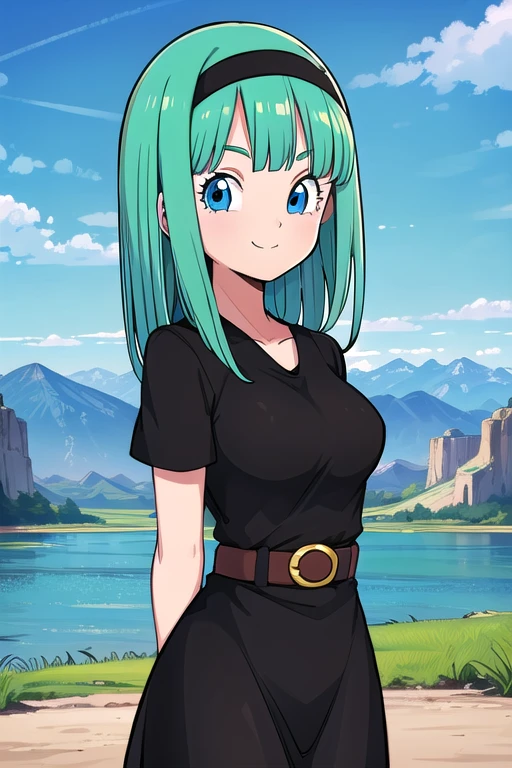 bulla, long hair, straight hair, aqua hair, blue eyes. 
1girl, solo, medium breasts, black dress, black hairband, smile, A landscape of blue skies, mountains, a lake and a green valley. In the center.
 