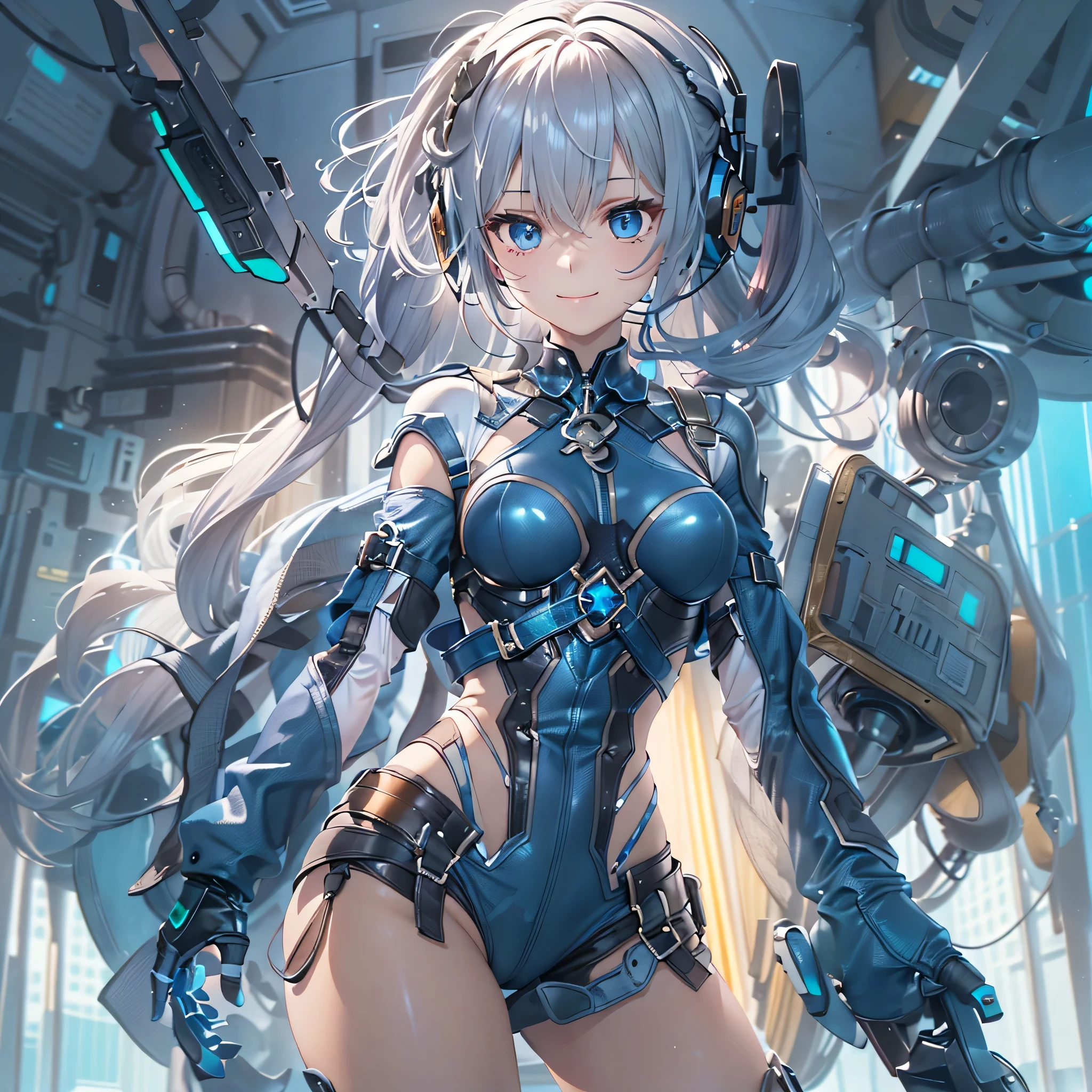 (masterpiece、highest quality、highest resolution、clear_image、detailed details、Angle from above): (full body figure、One 20 year old girl、Japanese faces、small face、Slender、Navy blue super short bob cut hair、(hidden small breasts:1.3)、sparkling blue eyes、Shiny pilot suit in blue and black colors、armor that protects the chest、tight fitting clothes、clothes that cover the whole body、shiny clothes、tight fit pants、hide the skin、very delicate and beautiful、detailed skin、hide thighs、hide your butt、cute type、gentle smile、soft expression、heroine、headset、Knee-high boots、gloves up to the elbow、eye level shot、facing directly、woman on a spaceship)