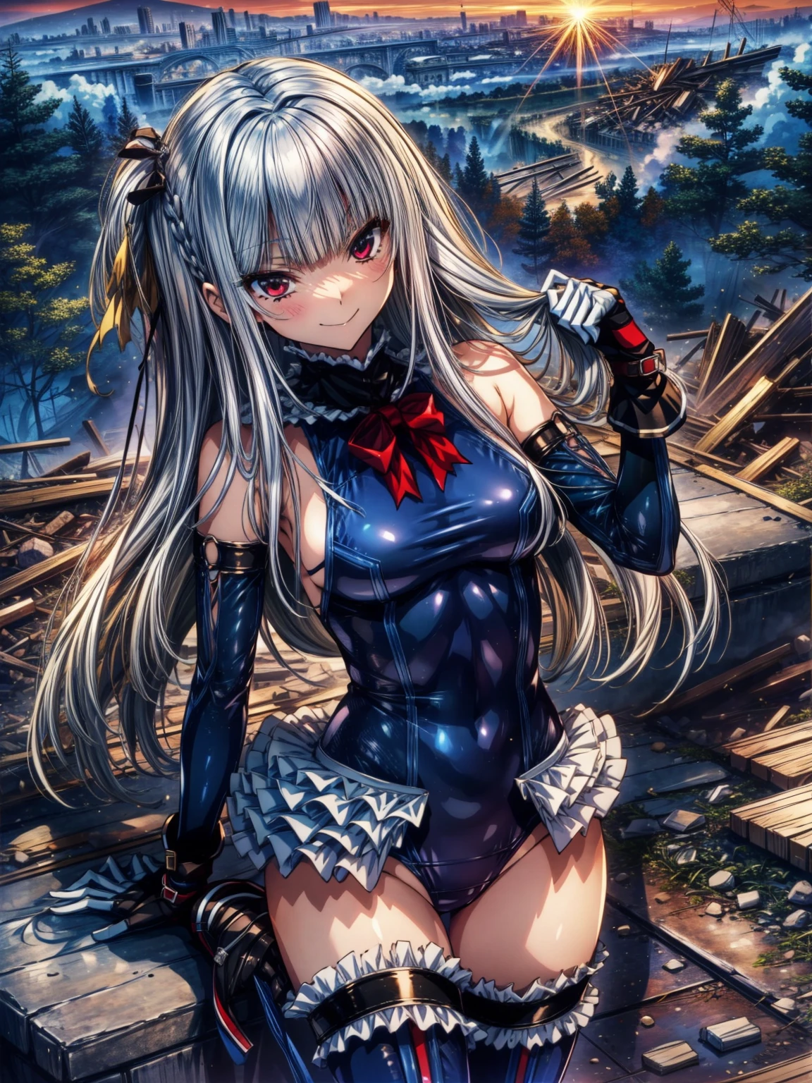 perfect anatomy, highest quality, marirose,evil smile,provocative attitude
,(Girls greet dawn on top of a pile of rubble:1.1),evil smile,anime style,(Torn frill swimsuit, Thighhighs, removed sleeve), (anime style:1.4) ,
silver hair,(White fingers:1.1,black gloves),very long hair,evil aura,Rape Eye,Torn costume:1.5