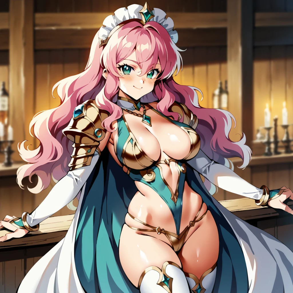 "(by yag:1.1), score_9, score_8_up, score_8, source_anime,
fantasy theme, retro anime style,
1girl, intricate high detailed, (_face:1.2),
pink hair, hair between eyes, long hair, wavy hair, headdress,
green eyes, narrow waist, large breasts,
naughty face,
skintight bikini armor, center opening, cape,
gold trim, necklace, thighhighs,
sexy pose,
cowboy shot,
indoors, tavern"