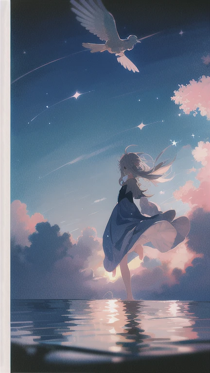 highest quality, masterpiece, 1 girl, beach,  (gray hair:1.2), long hair, Ocean, dress, Day, null, horizon, outdoor, sand, blue null, barefoot, cloud, sun, Are standing, smile, water, white dress, alone, closed my eyes, floating hair, sun, full body, Are standing on liquid, long sleeve, barefoot, background, Light and shadow, lit, athmospheric lit, null,cherry blossoms,青null,bright,Vibrant colors,辺り一面のcherry blossoms,Sit down