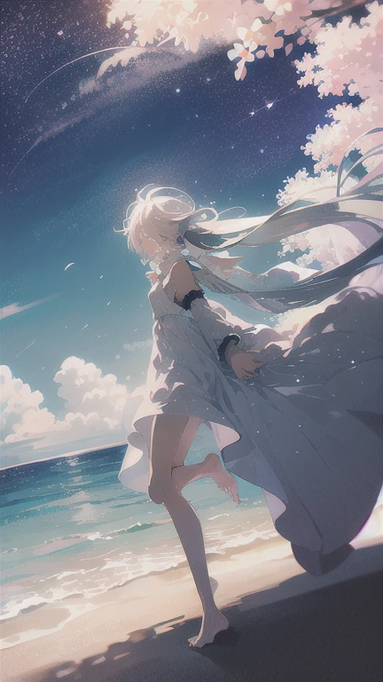 highest quality, masterpiece, 1 girl, beach,  (gray hair:1.2), long hair, Ocean, dress, Day, null, horizon, outdoor, sand, blue null, barefoot, cloud, sun, Are standing, smile, water, white dress, alone, closed my eyes, floating hair, sun, full body, Are standing on liquid, long sleeve, barefoot, background, Light and shadow, lit, athmospheric lit, null,cherry blossoms,青null,bright,Vibrant colors,辺り一面のcherry blossoms,Sit down