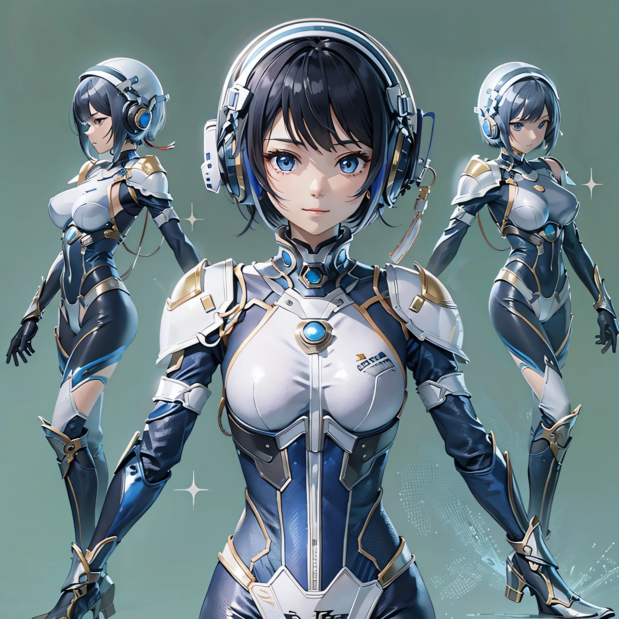 (masterpiece、highest quality、highest resolution、clear_image、detailed details、Angle from above): (full body figure、One 20 year old girl、Japanese faces、small face、Slender、Navy blue super short bob cut hair、(hidden small breasts:1.3)、sparkling blue eyes、Shiny pilot suit in blue and black colors、armor that protects the chest、tight fitting clothes、clothes that cover the whole body、shiny clothes、tight fit pants、hide the skin、very delicate and beautiful、detailed skin、hide thighs、hide your butt、cute type、gentle smile、soft expression、heroine、headset、Knee-high boots、gloves up to the elbow、eye level shot、facing directly、woman on a spaceship)