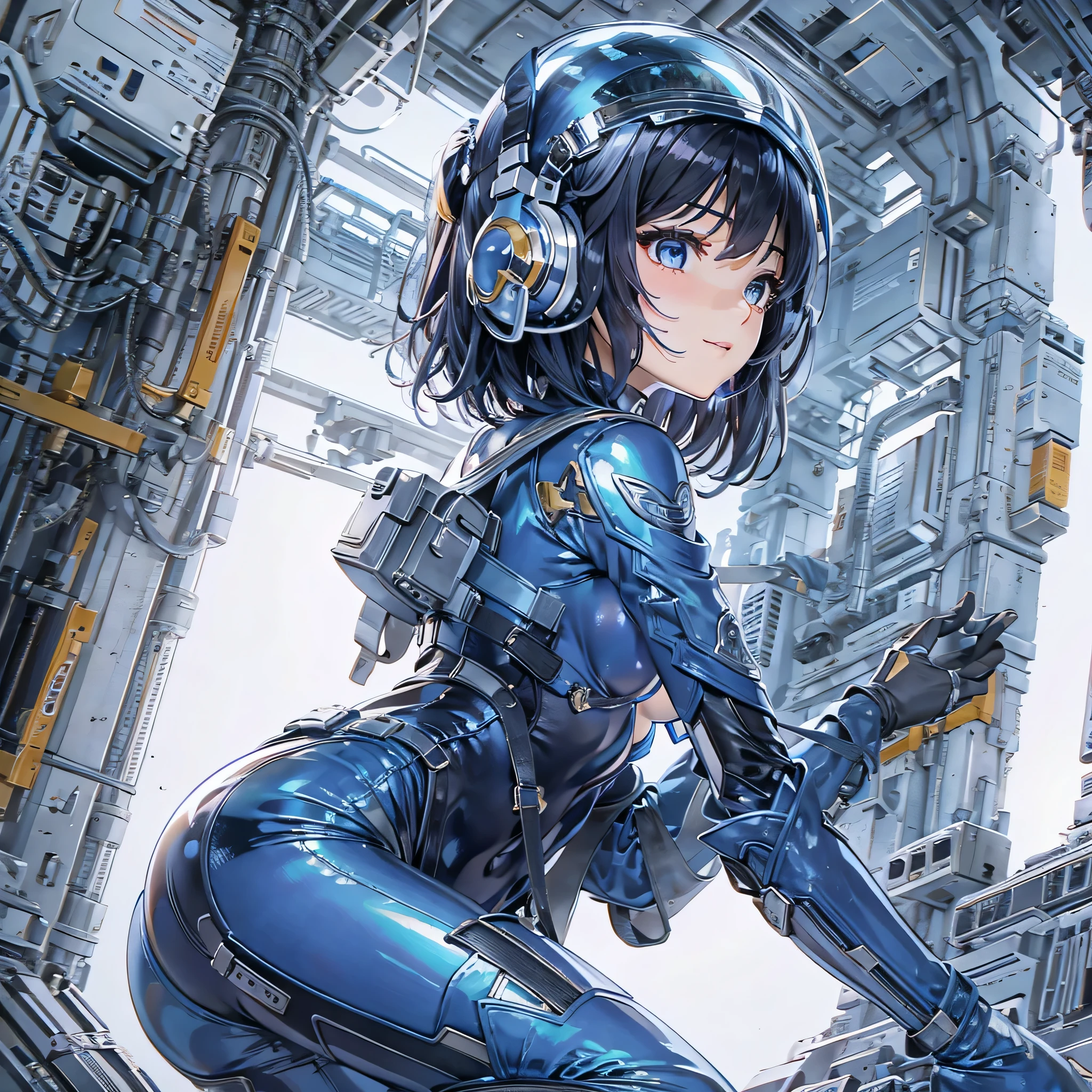 (masterpiece、highest quality、highest resolution、clear_image、detailed details、Angle from above): (full body figure、One 20 year old girl、Japanese faces、small face、Slender、Navy blue super short bob cut hair、(hidden small breasts:1.3)、sparkling blue eyes、Shiny pilot suit in blue and black colors、armor that protects the chest、tight fitting clothes、clothes that cover the whole body、shiny clothes、tight fit pants、hide the skin、very delicate and beautiful、detailed skin、hide thighs、hide your butt、cute type、gentle smile、soft expression、heroine、headset、Knee-high boots、gloves up to the elbow、eye level shot、facing directly、woman on a spaceship)