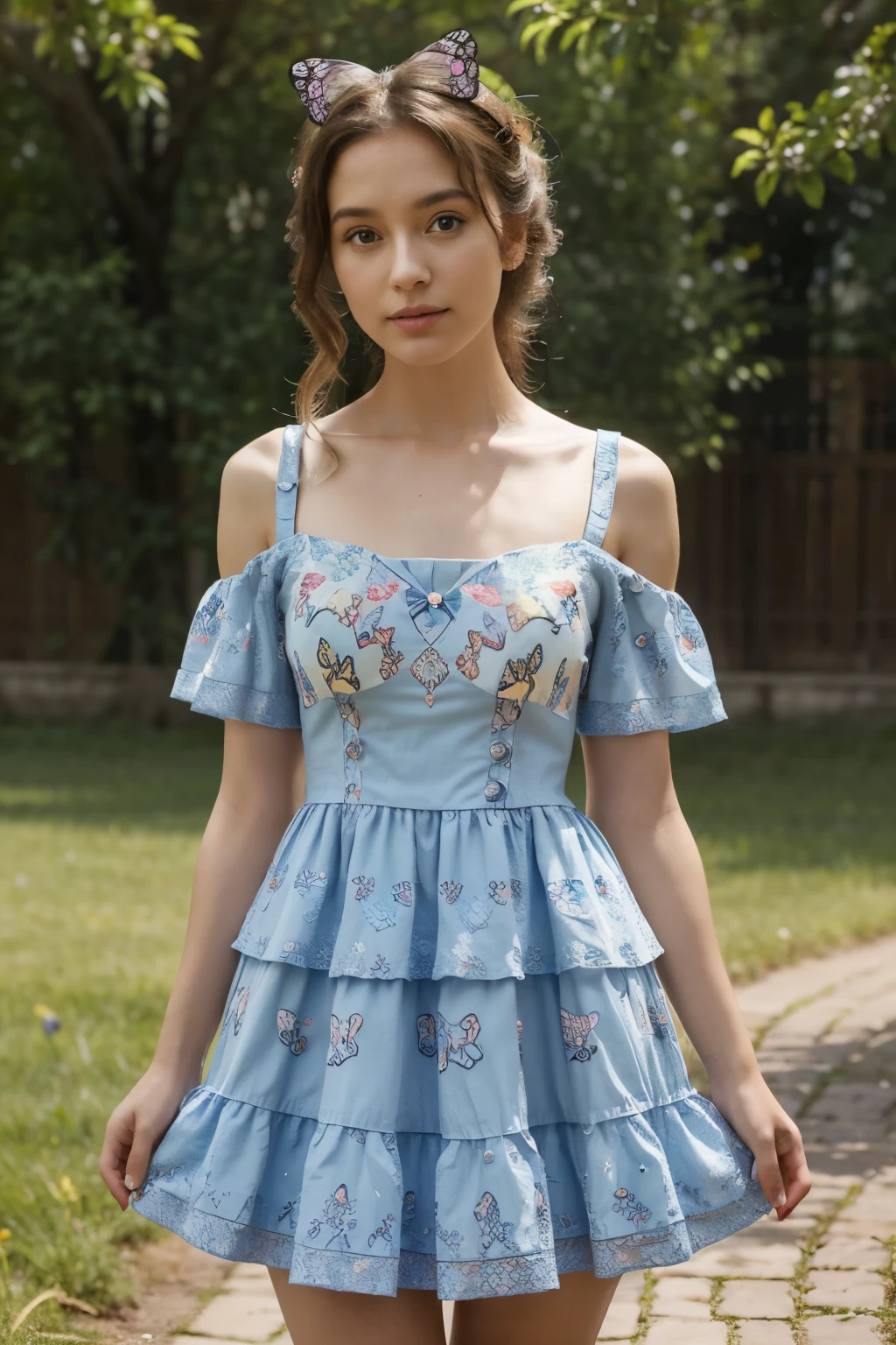 "Design a whimsical, tiered dress adorned with AI-generated butterfly motifs, capturing the essence of spring."