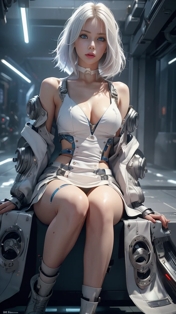 1 girls, full body, cyberpunk, robots, (masterpiece: 1.4), (8K, realistic, raw photo, best quality: 1.4), naked, skirtlift, legs open, nipple areola shape clear, beautiful breasts, Japanese girl, beautiful cute face, (real face: 1.4),finger detailed, beautiful hairstyle, realistic blue eyes, beautiful detail eyes, (real skin: 1.3), beautiful skin, attractive, ultra high resolution, ultra realistic, cinematic lighting, white colored hair, streng hair, bob hair, futuristic world,sitting in alien spaceship