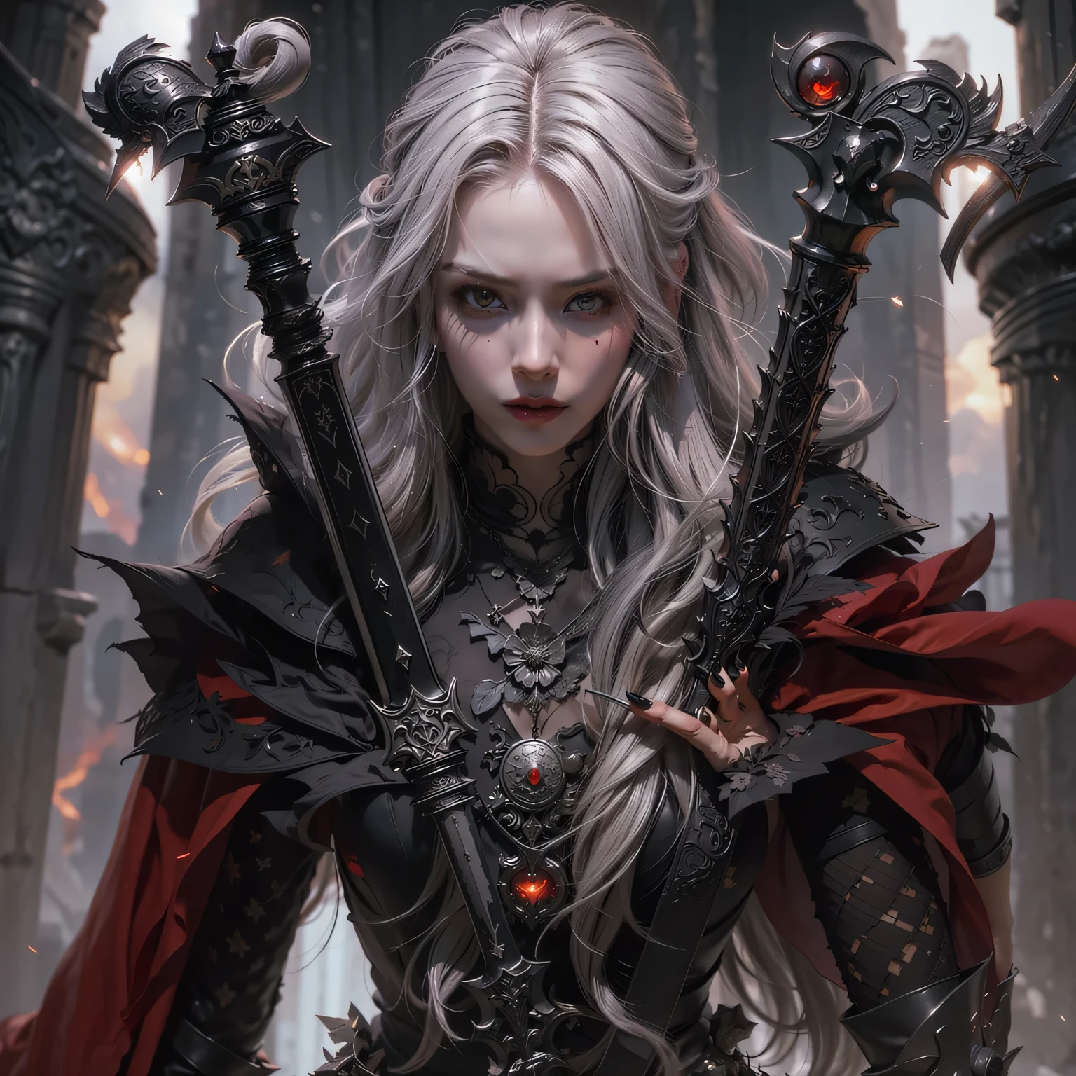 Arafed, dark fantasy art, gothic art, a picture of a vampire ready for battle, female vampire, armed with a sword, wearing heavy armor LnF, blue armor, armed with a sword, shining sword, steel shines, full body, ultra detailed face (intricate detailed, Masterpiece, best quality: 1.4), pale skin, gloeing eyes, red eyes, ultra feminine, pale skin, blond hair, wearing high boots hihelz, dark fantasy urban street (intricate detailed, Masterpiece, best quality: 1.4), moon light, star light, clouds, Wide-Angle, Ultra-Wide Angle, high details, best quality, highres, 1080P, 8k, anatomically correct