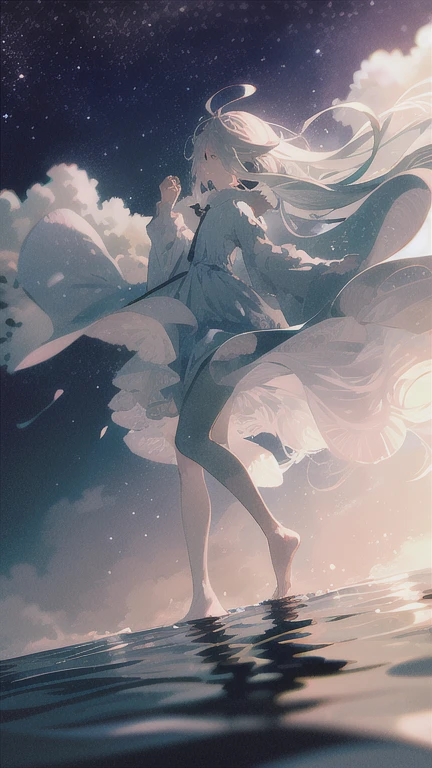 highest quality, masterpiece, 1 girl, beach,  (gray hair:1.2), long hair, Ocean, dress, Day, null, horizon, outdoor, sand, blue null, barefoot, cloud, sun, Are standing, smile, water, white dress, alone, closed my eyes, floating hair, sun, full body, Are standing on liquid, long sleeve, barefoot, background, Light and shadow, lit, athmospheric lit, null,cherry blossoms,青null,bright,Vibrant colors,辺り一面のcherry blossoms,Sit down