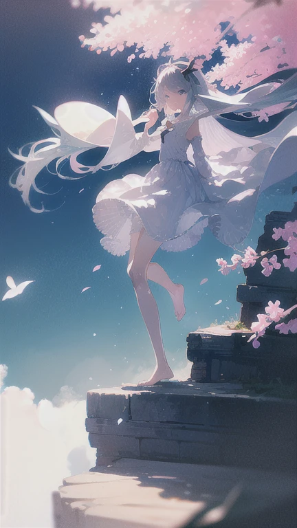 highest quality, masterpiece, 1 girl, beach,  (gray hair:1.2), long hair, Ocean, dress, Day, null, horizon, outdoor, sand, blue null, barefoot, cloud, sun, Are standing, smile, water, white dress, alone, closed my eyes, floating hair, sun, full body, Are standing on liquid, long sleeve, barefoot, background, Light and shadow, lit, athmospheric lit, null,cherry blossoms,青null,bright,Vibrant colors,辺り一面のcherry blossoms,Sit down