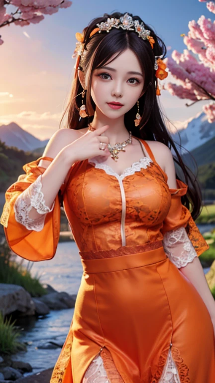 8K, ultra hd, masterpiece, 1 girl, very long hair, detailed eyes, glossy lips, ((orange clothes)), (translucent orange lace:1.5), skirt, (jewellery:1.5), ray tracing, ((mountain)), river, morning, cherry blossom leaf falling, dancing poses,