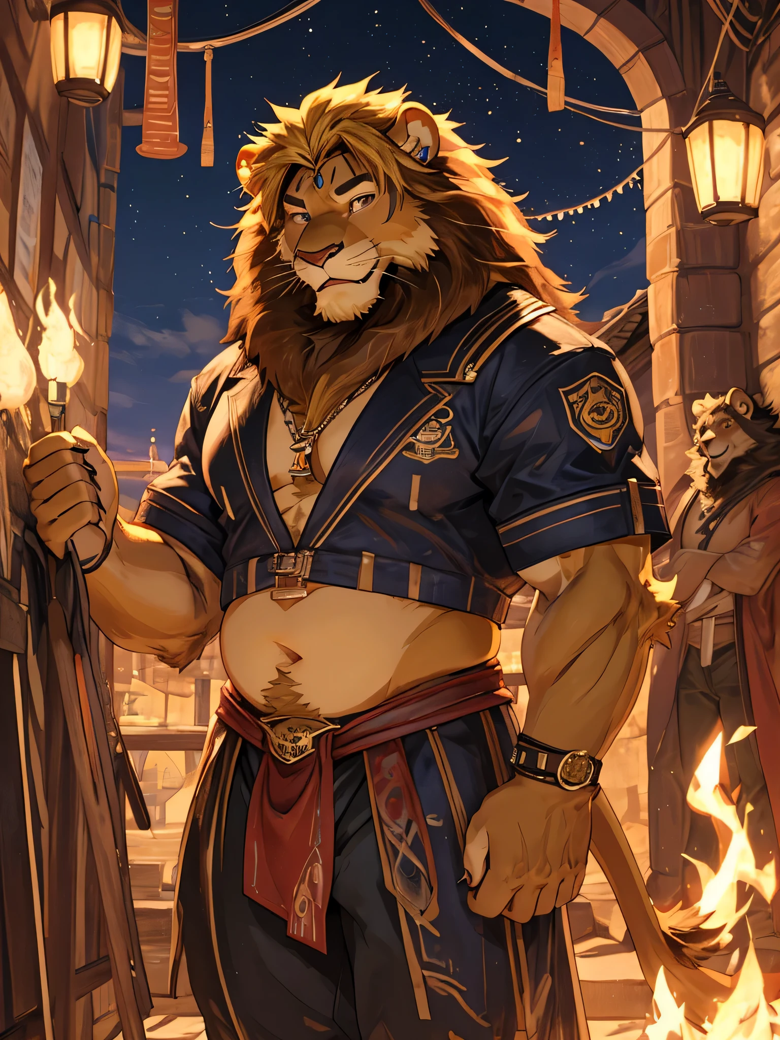 Lion, Male, big blonde mane, yeux verts, muscular body but fat and round belly, only clothing : tissu qui cache les parties intimes, taverne, seul, biere, souriant