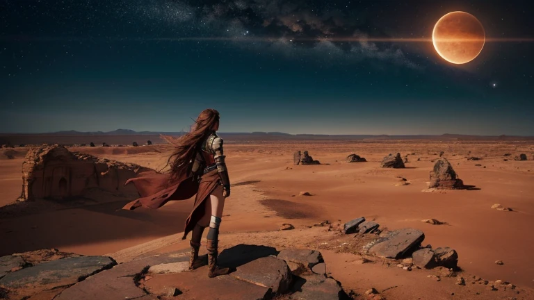 Alien planet, gravel and red sand strewn with wind-eroded rocks; A young woman, long windblown hair, wearing worn tattered tunic, stands on promontory in foreground, overlooking vast barren plain littered with half-buried ruins of mysterious ancient city, orange sky fading to darkness overhead, two tiny moons and a scattering of stars visible though thin wispy clouds.