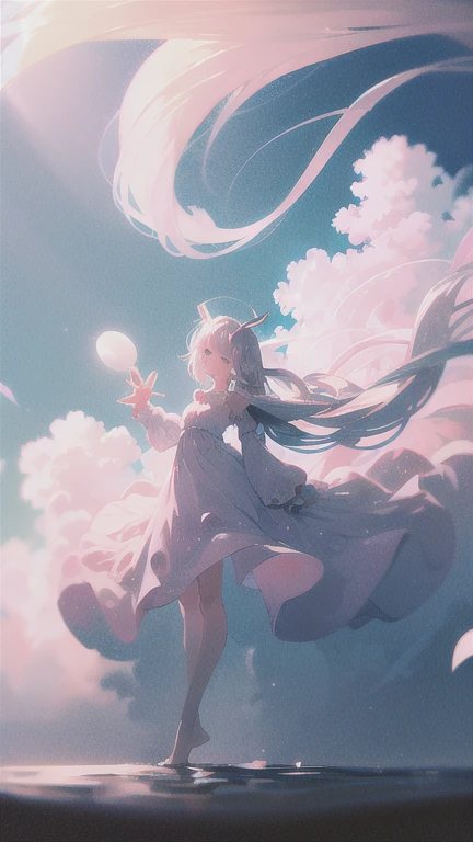 highest quality, masterpiece, 1 girl, beach,  (gray hair:1.2), long hair, Ocean, dress, Day, null, horizon, outdoor, sand, blue null, barefoot, cloud, sun, Are standing, smile,  white dress, alone, closed my eyes, floating hair, sun, full body, Are standing on liquid, long sleeve, barefoot, background, Light and shadow, lit, athmospheric lit, null,cherry blossoms,青null,bright,Vibrant colors,辺り一面のcherry blossoms,Sit down