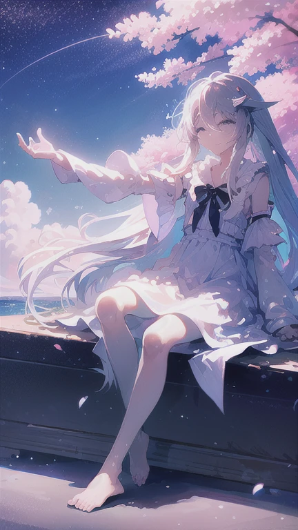 highest quality, masterpiece, 1 girl, beach, (gray hair:1.2), long hair, Ocean, dress, Day, null, horizon, outdoor, sand, blue null, barefoot, cloud, sun, Are standing, smile, white dress, alone, closed my eyes, floating hair, sun, full body, Are standing on liquid, long sleeve, barefoot, background, Light and shadow, lit, athmospheric lit, null,cherry blossoms,青null,bright,Vibrant colors,辺り一面のcherry blossoms,Sit down