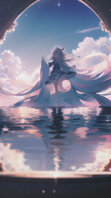 highest quality, masterpiece, 1 girl, beach, (gray hair:1.2), long hair, Ocean, dress, Day, null, horizon, outdoor, sand, blue null, barefoot, cloud, sun, Are standing, smile, white dress, alone, closed my eyes, floating hair, sun, full body, Are standing on liquid, long sleeve, barefoot, background, Light and shadow, lit, athmospheric lit, null,cherry blossoms,青null,bright,Vibrant colors,辺り一面のcherry blossoms,Sit down