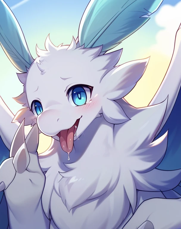 by Whooo-Ya, by Sskomu \(artist\), by Kakure Eria, (solo furred dragon quivern:1.3), (fluffy, white body, wings, blue eyes, round eyes, blue antennae, feather antennae, white claws, submissive:1.25), BREAK, detailed background, depth of field, shadow, sunlight, ambient silhouette, backlighting,female,stick out tongue,Drool,(vore 1.8)