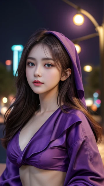 (8k, masterpiece, best quality), ultra-detailed, detailed beautiful round eyes, beautifully detailed face, high quality, high resolution, 1 girl, medium breast, (purple cloth:1.5), (bare waist:1.2), nighttime, night park background,