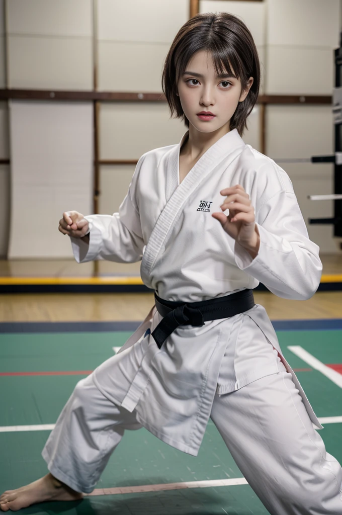 highest quality, masterpiece, ultra high resolution, portrait, (realistic:1.4), Raw photo, 1 girl, pixie cut, Wearing a white long sleeve and long pants karate uniform,Black belt、 detailed facial texture,karate stance、panoramic、whole body、Karate tournament venue、Indoor stadium