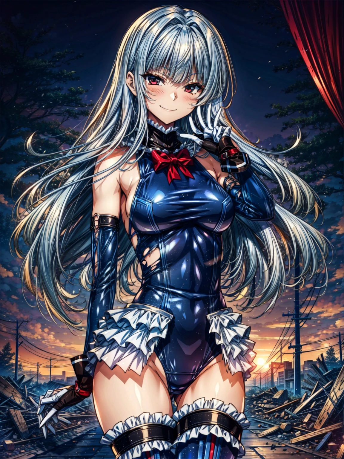 perfect anatomy, highest quality, marirose,evil smile,provocative attitude
,(Girls greet dawn on top of a pile of rubble:1.1),evil smile,anime style,(Torn frill swimsuit:1.5, Thighhighs, removed sleeve), (anime style:1.4) ,
silver hair,(White fingers:1.1,black gloves),very long hair,evil aura,Rape Eye,Torn costume:1.5