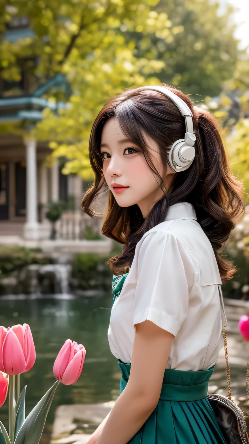 Dragon Ball bloomers, futuristic scene, Mechanically enhanced Japanese high school girl、Elegant in an elaborate garden. She has beautifully detailed eyes and lips that complement her face. high school girl。.uniform。.。.。.。.。.。14 year old girl.. Around her are bright tulip and a quiet carp pond. The scenes are drawn using a combination of illustration and photorealism, sunflower,Highly detailed brush strokes and sharpness, bright colors. Lighting that highlights the elegance of the uniform, gives softness to the skin, porcelain shine。. Artwork is of the highest quality, Exquisite costume details on display, tulip, . The overall color scheme is、、、、、、、、、、、、、、traditional Japanese color combinations, crimson, wait., bus stop、sit on a swing、Headphones around the neck、Side view、Side view、whole body、cute clothes、from far away、Open the center、Big eyes、random pose、whole body、