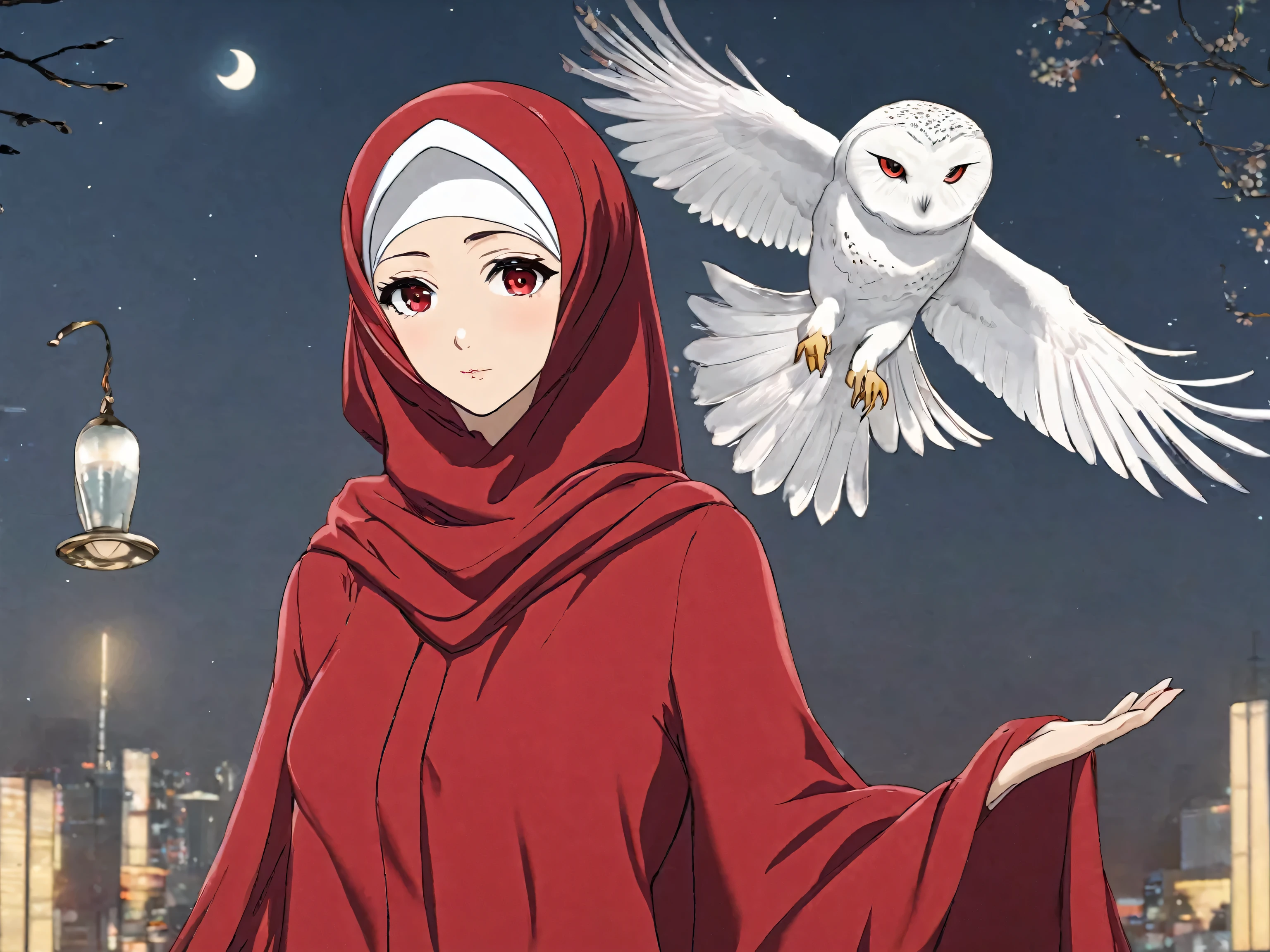 Same woman in image, red hijab holding a white owl on her arm, make anime