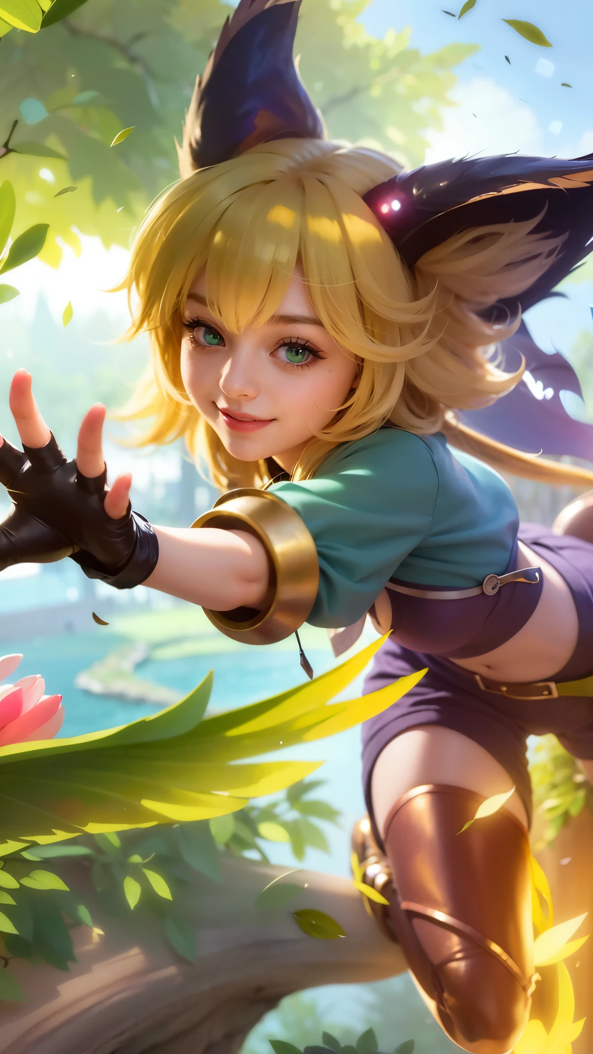 a girl with a cat hat and gloves, 8k, ultra hd, ultra detailed texture, hyper realistic, masterpiece, detailed texture, detailed face, detailed skin, detailed lighting, (photorealistic:1.5), best quality, beautiful lighting, cinematic lighting, professional lighting, ultra highres, realistic, detailed hair, real hair, high quality, (realskin:1.5), extremely detailed, finely detail, ultra-detailed, green eyes, smile.