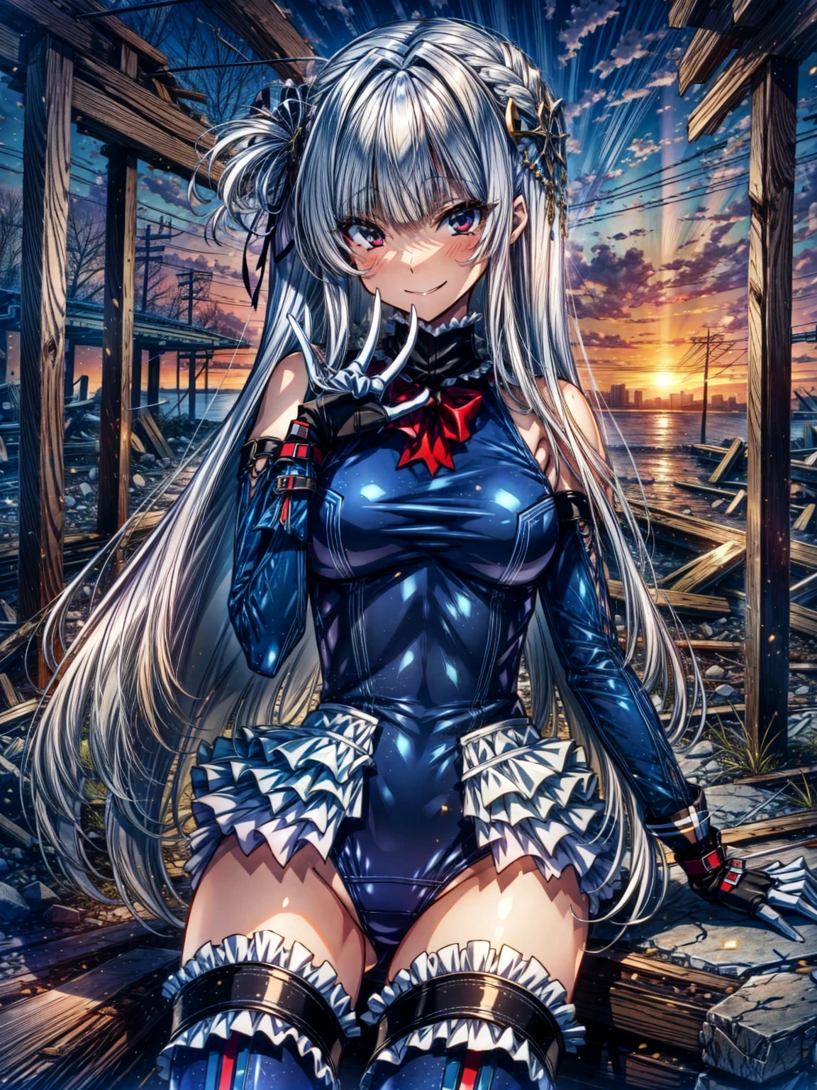 perfect anatomy, highest quality, marirose,evil smile,provocative attitude
,(Girls greet dawn on top of a pile of rubble:1.1),evil smile,anime style,(A severely torn frilly swimsuit:1.5, Thighhighs, removed sleeve), (anime style:1.4) ,
silver hair,(White fingers:1.1,black gloves),very long hair,evil aura,Rape Eye,Torn costume:1.5