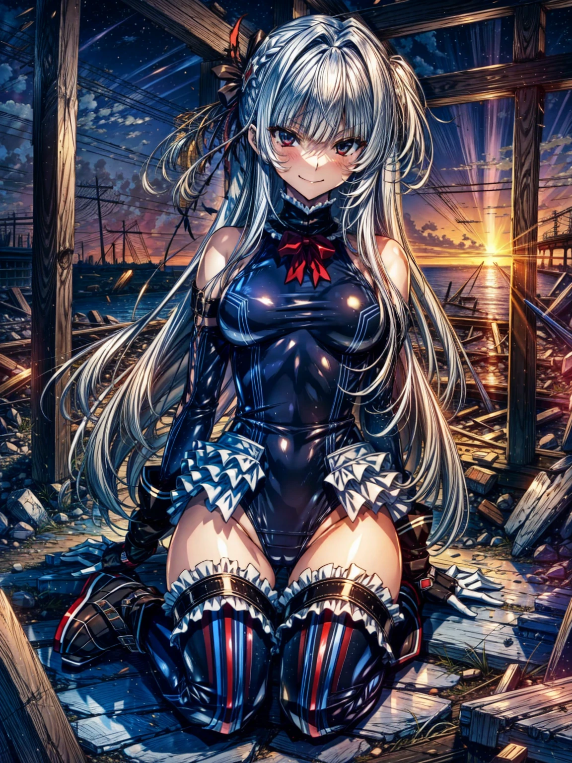 perfect anatomy, highest quality, marirose,evil smile,provocative attitude
,(Girls greet dawn on top of a pile of rubble:1.1),evil smile,anime style,(A severely torn frilly swimsuit:1.5, Thighhighs, removed sleeve), (anime style:1.4) ,
silver hair,(White fingers:1.1,black gloves),very long hair,evil aura,Rape Eye,Torn costume:1.5